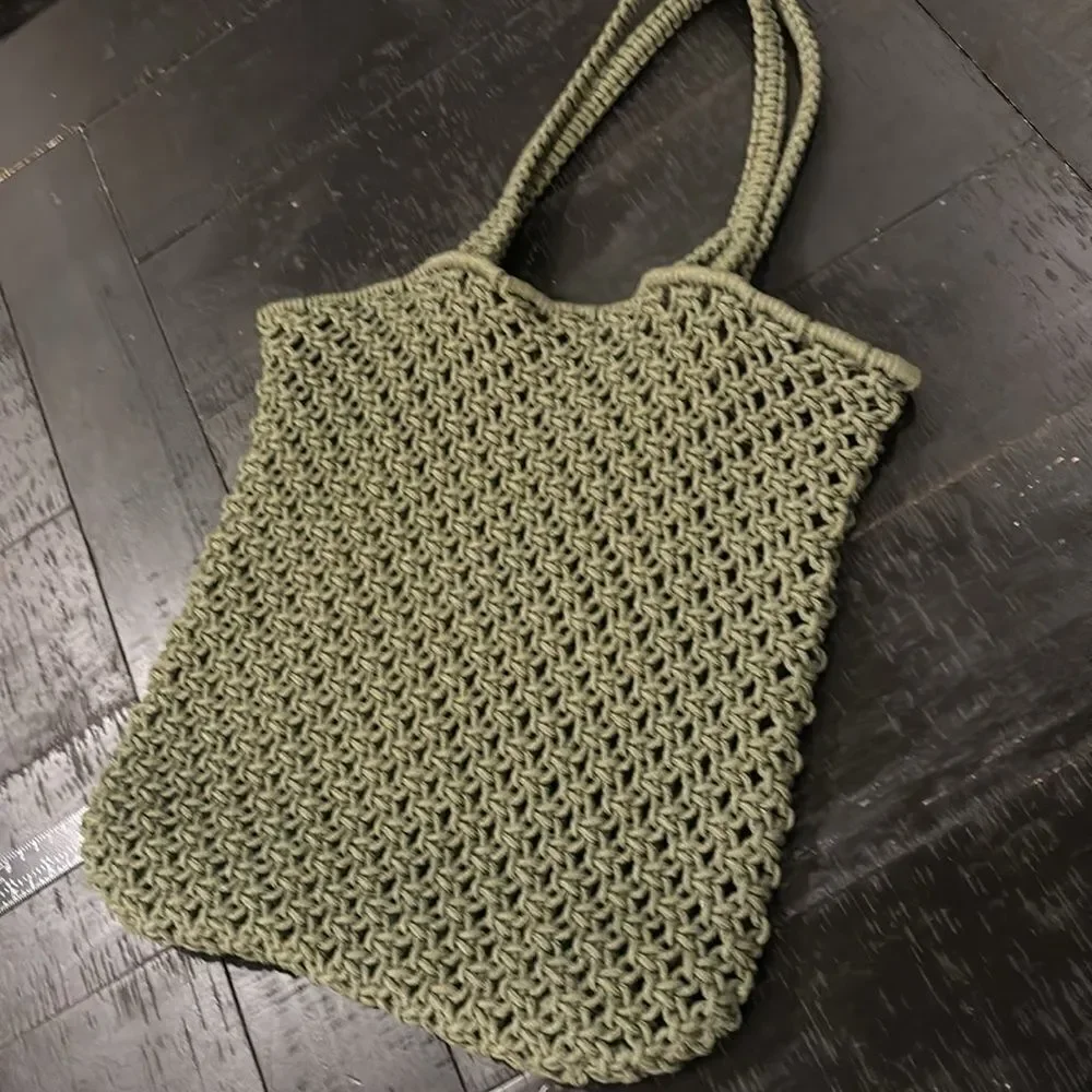 Army Green Open Knit Rope Beach Bag Boho Cottagecore Tote Bag​​​​